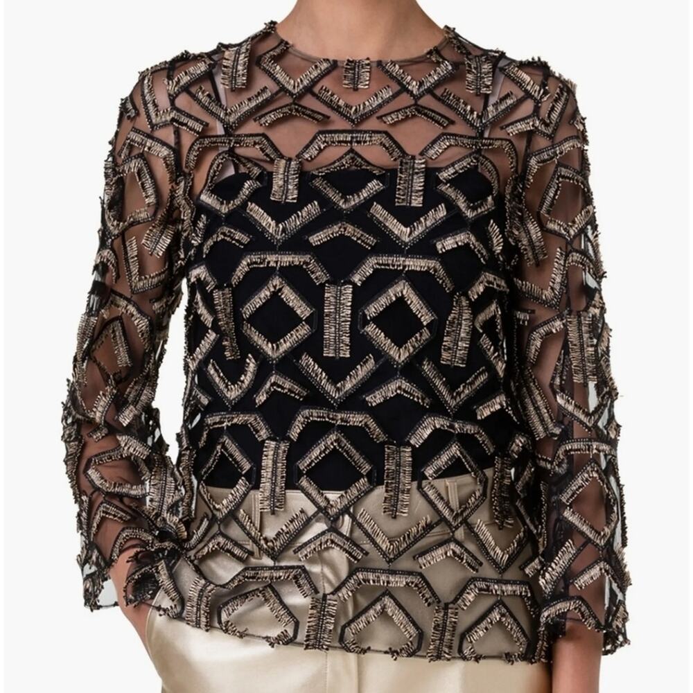 Akris Punto Embroidered Tulle Fringe Top Black Gold Sheer Designer Blouse 6